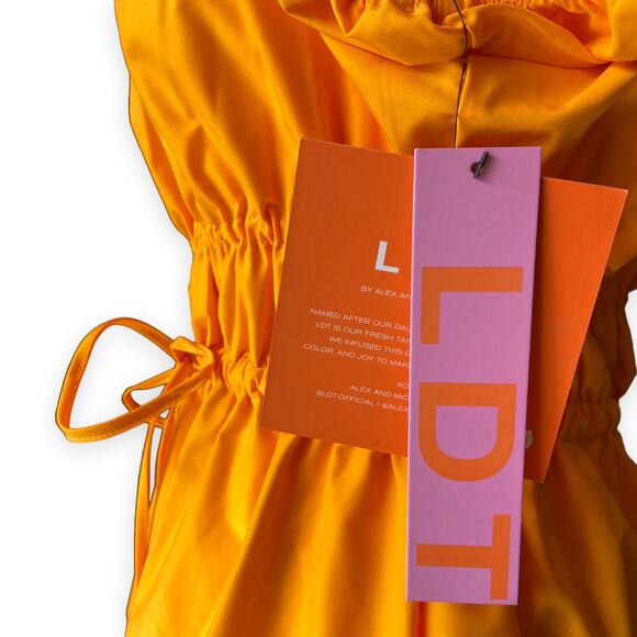 LDT Claire Square Neck Smocked Short Puffed Sleeve Drawstring Front Yellow Dress - Picture 8 of 12